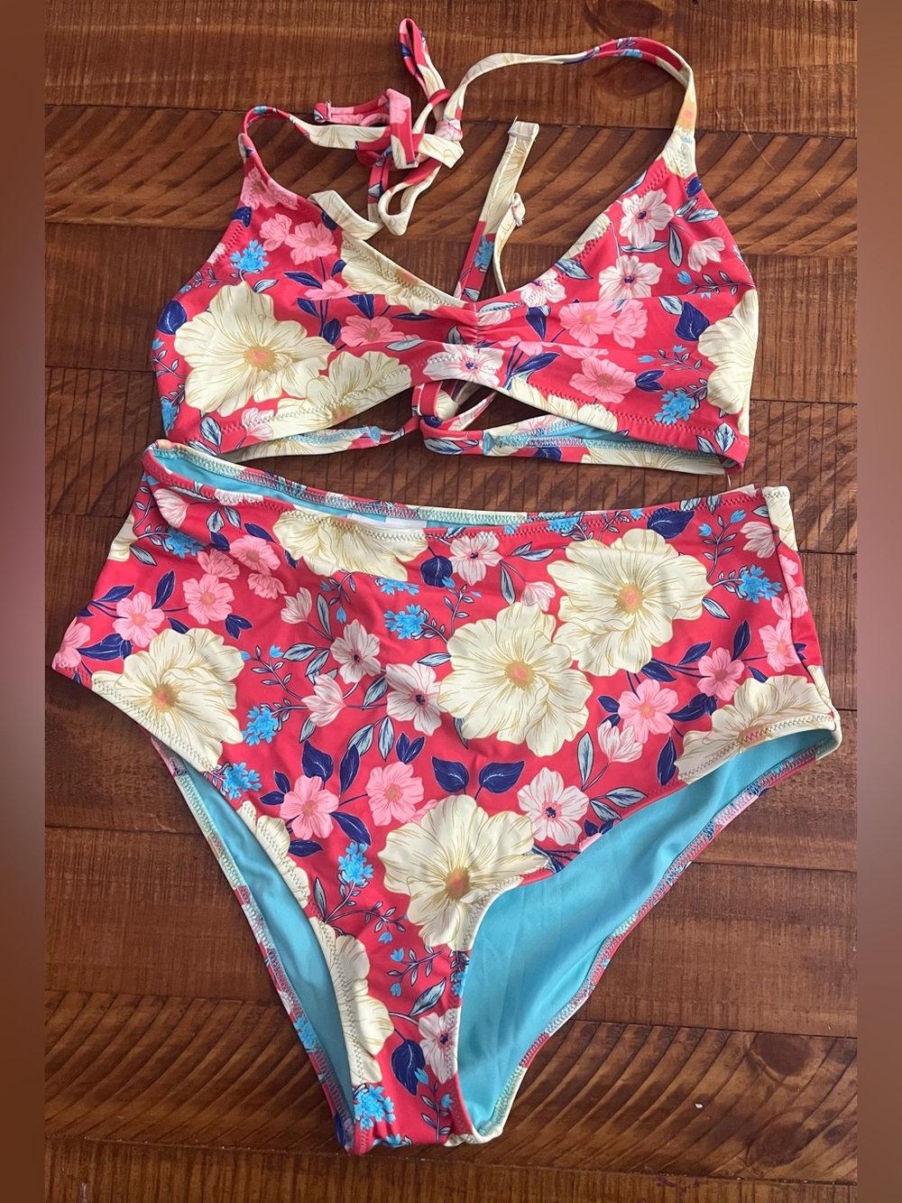 NWT Aerie FULL SET Halter Voop Top + High Waist Cheeky Bottom Red Floral - Sz L